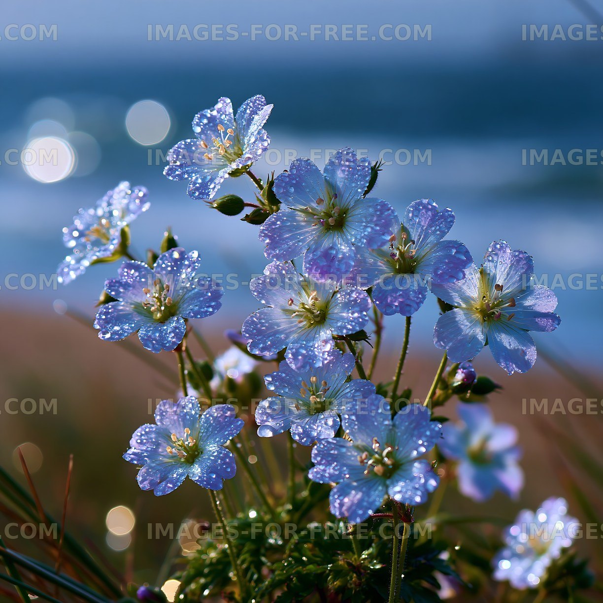 Blue flowers with water droplets near the ocean shore