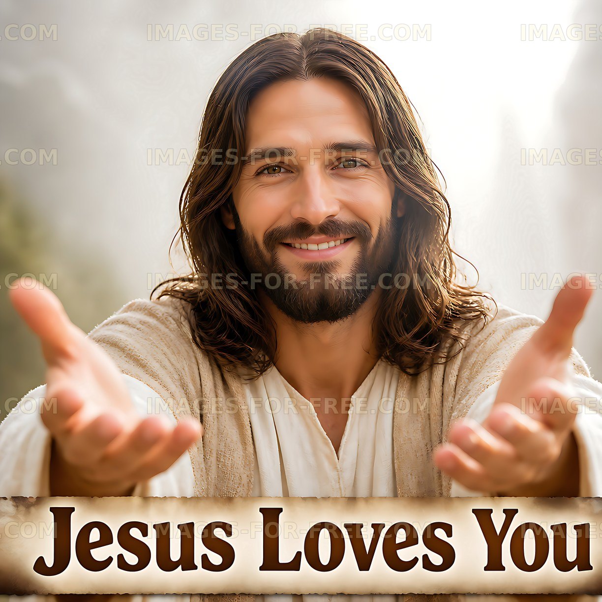 Man with long hair extends hands with open palms