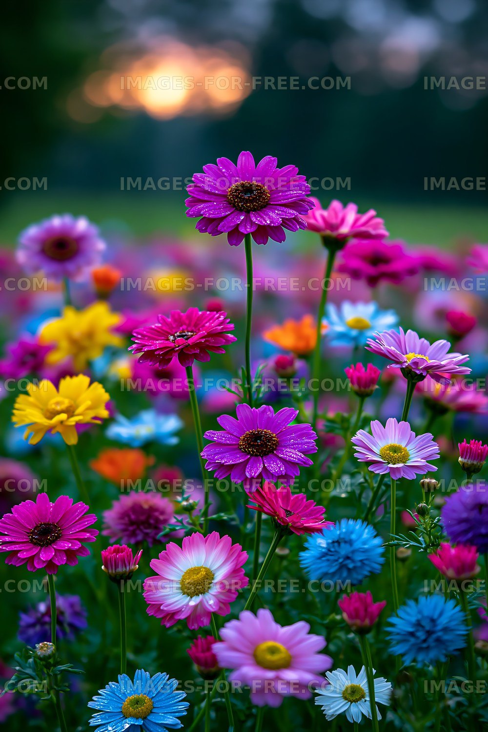 Colorful flowers blooming in a garden during sunset