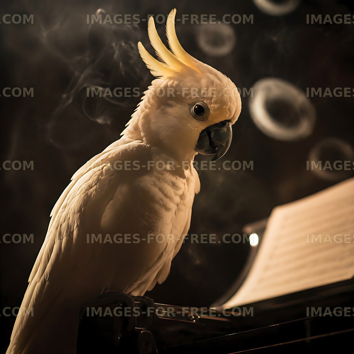 Cockatoo perched on piano during evening with smoke