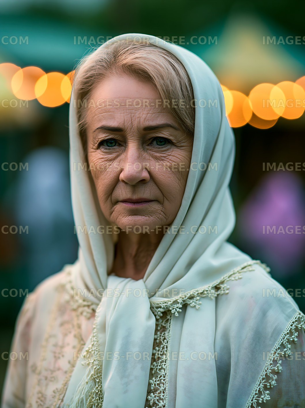 Elderly woman with a headscarf at a cultural event
