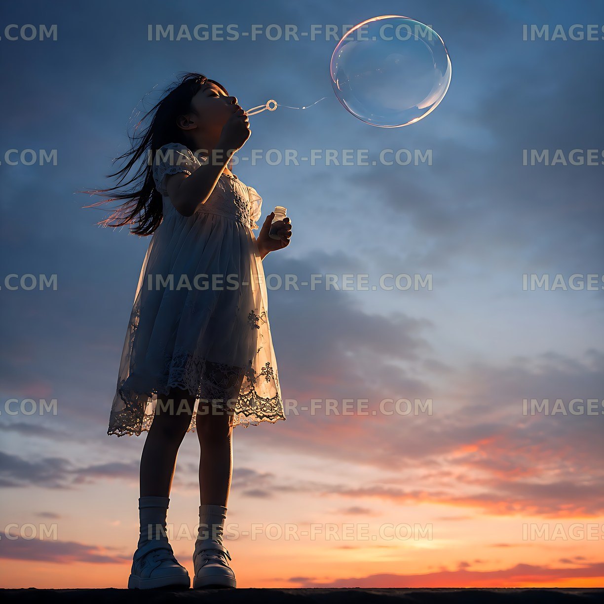 Child blowing bubbles at sunset