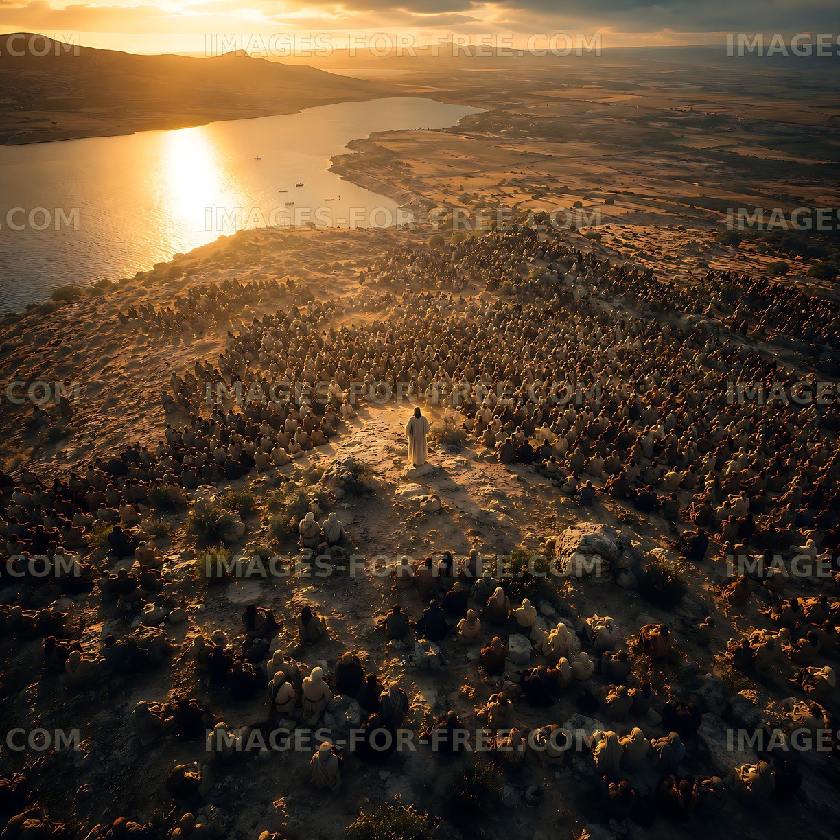 Sunset view over a valley with river and lined stones