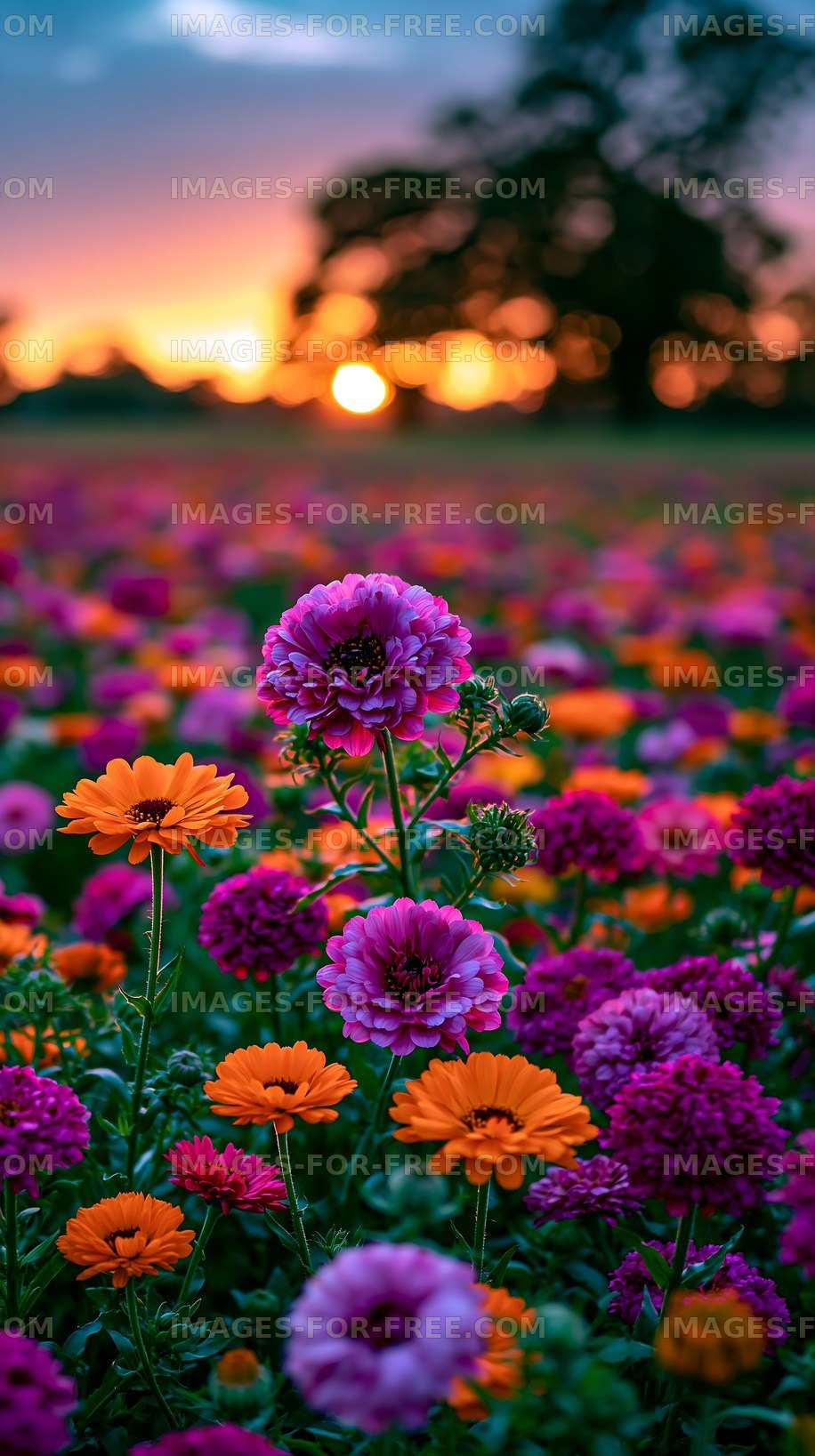 Colorful flowers bloom in a field during sunset