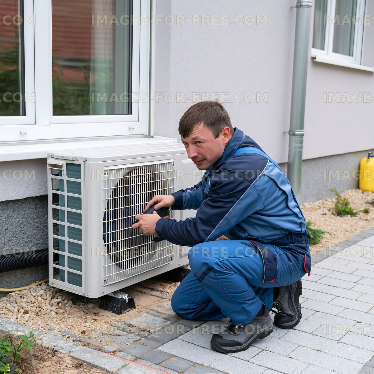 Air conditioning technician working on a unit outdoors