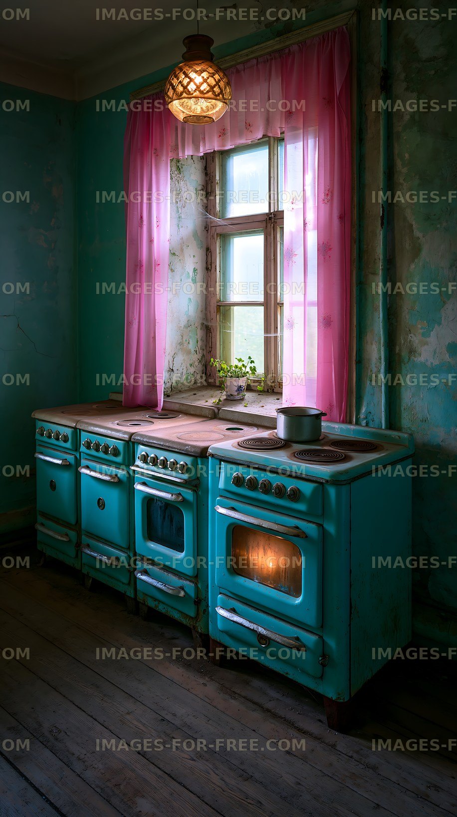 Old turquoise kitchen with vintage stoves and natural light
