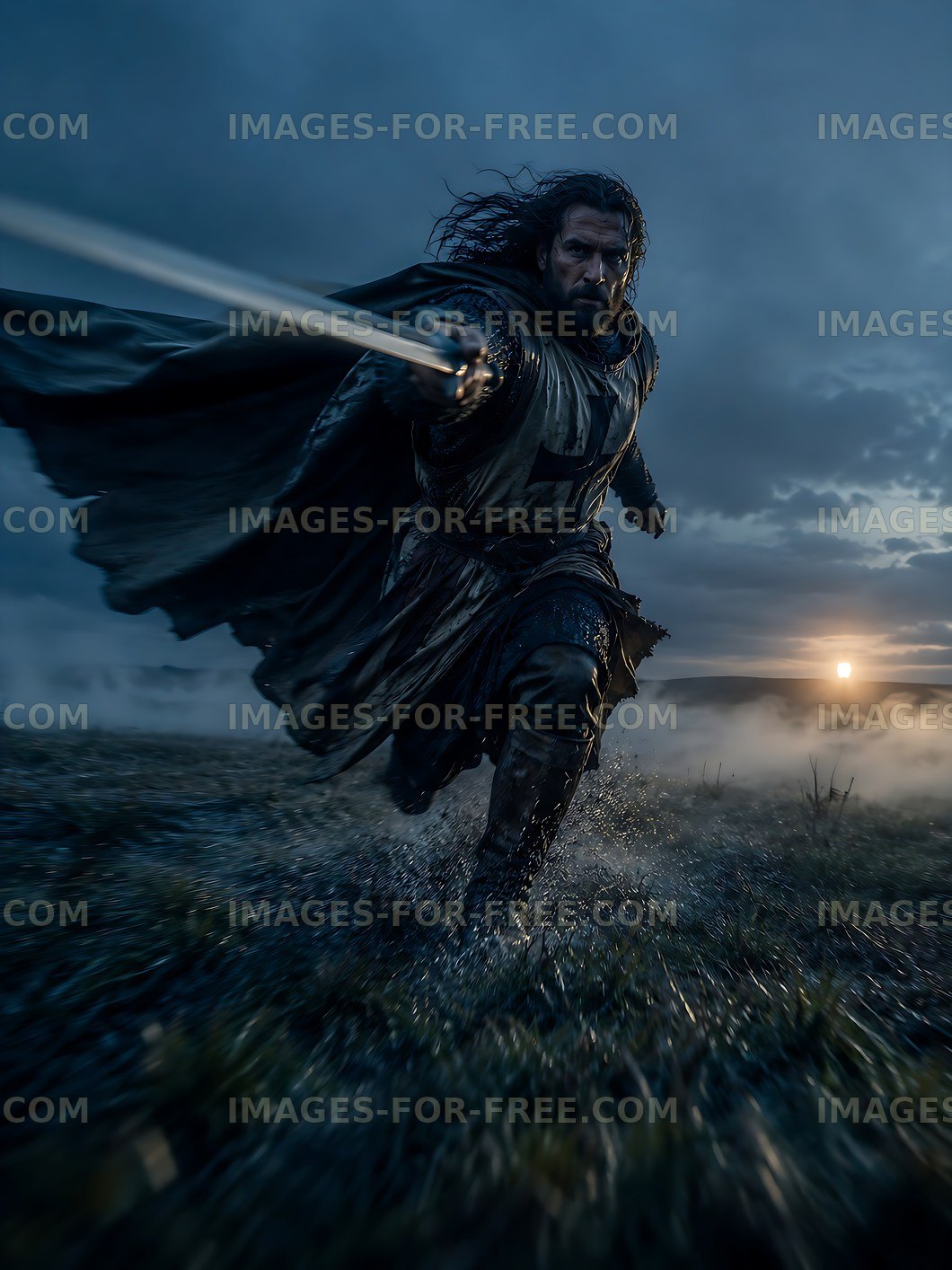 Warrior charging with sword in stormy landscape at sunset