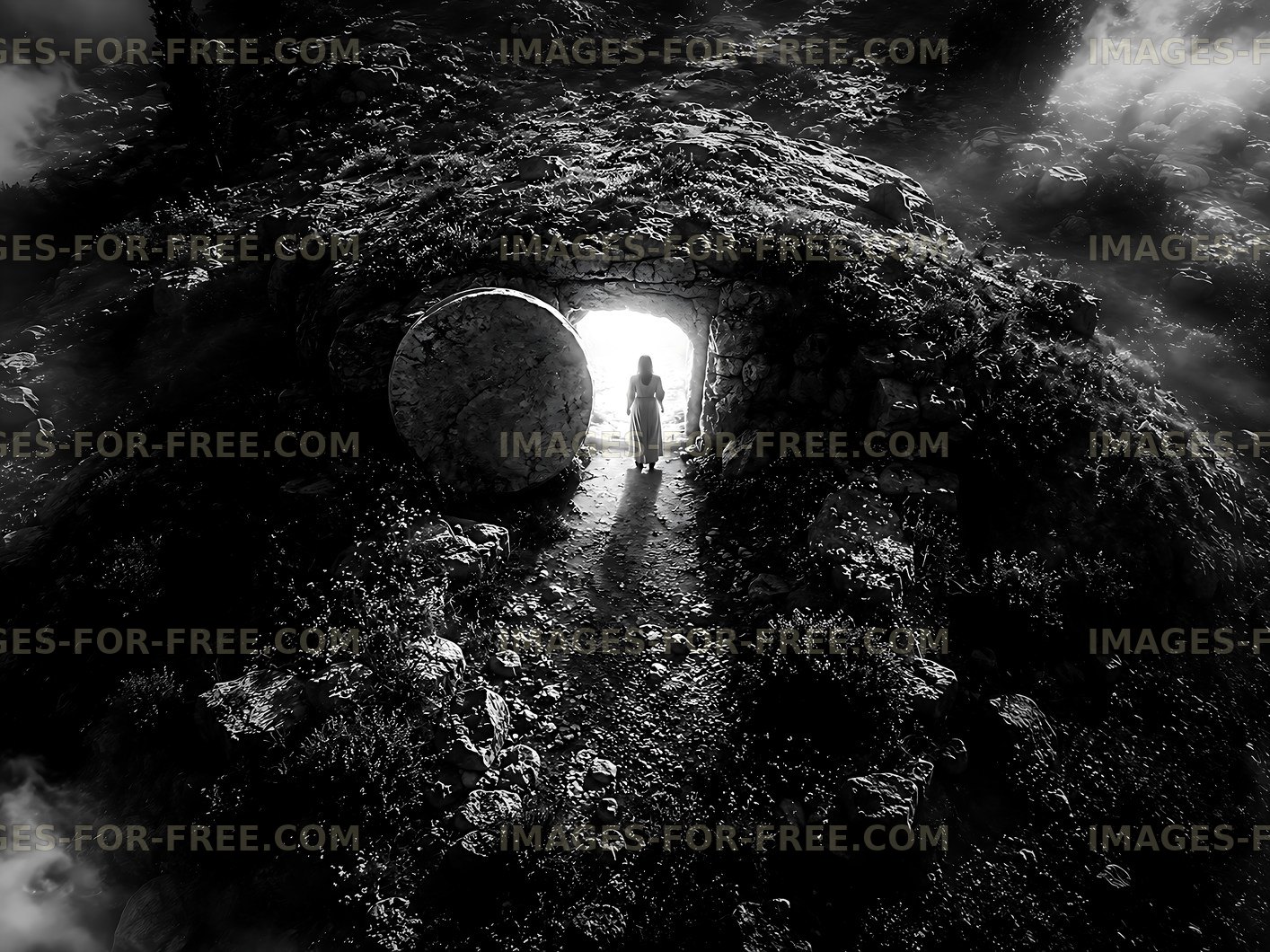 Mysterious cave entrance with a figure stepping outside