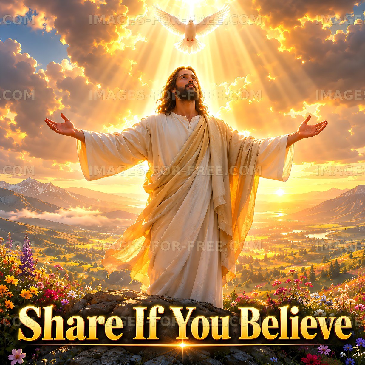 Light surrounds figure with open arms amidst mountains