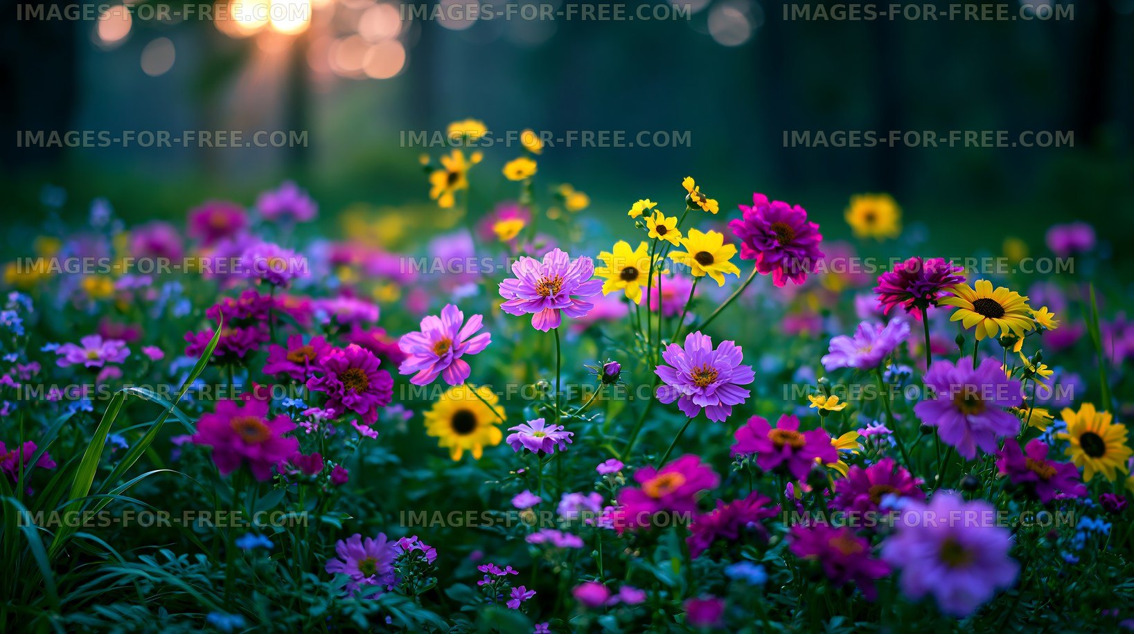 Colorful wildflowers blooming in a field during sunset