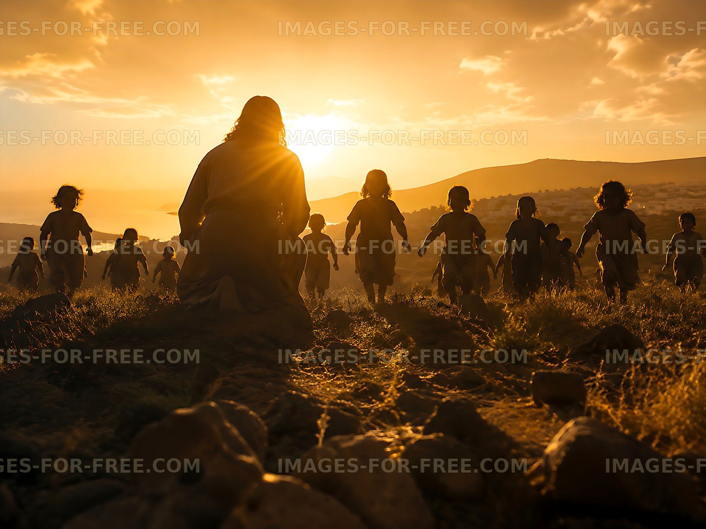 Children walking towards sunset on grassy hill
