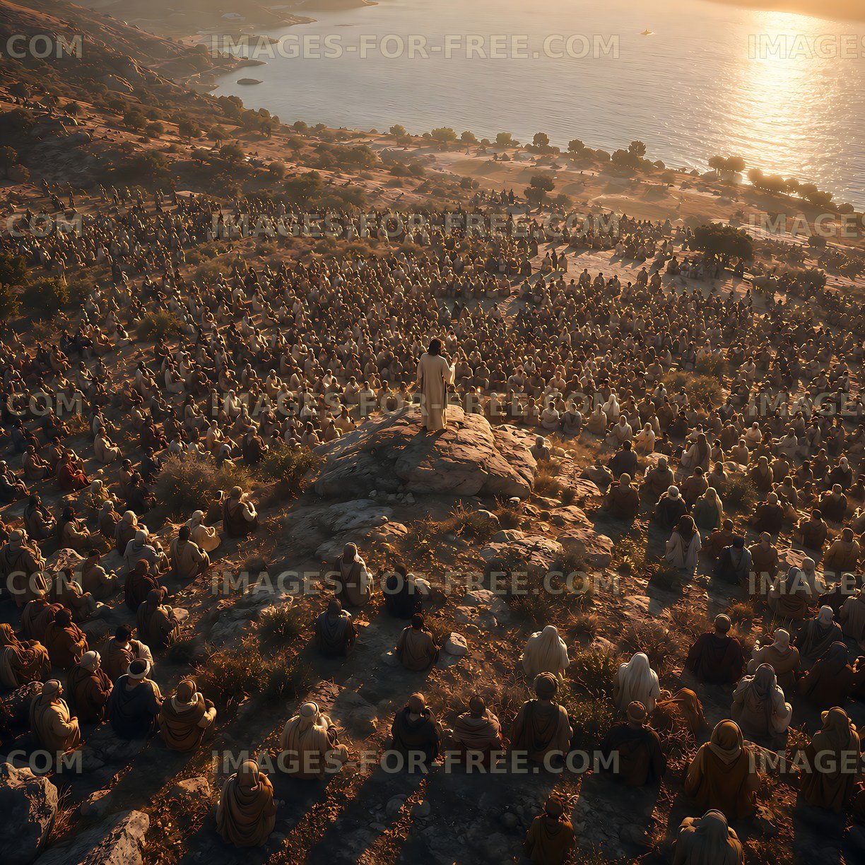 Crowd listening to speaker on hillside at sunset