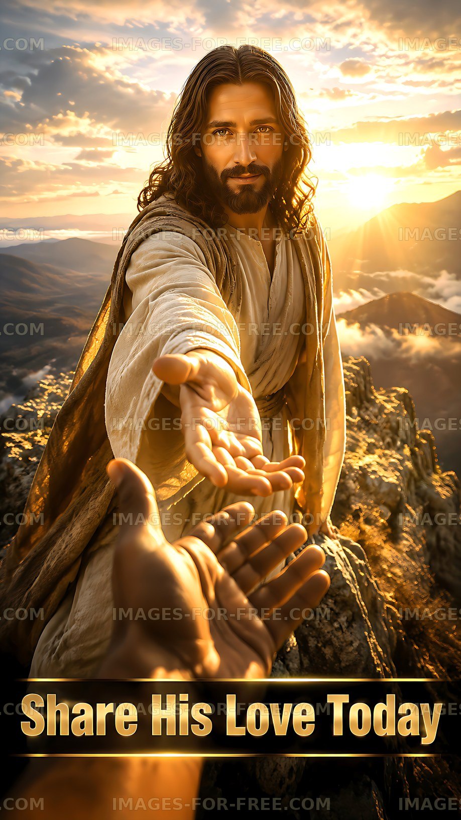Hands reaching out from a mountain top at sunset