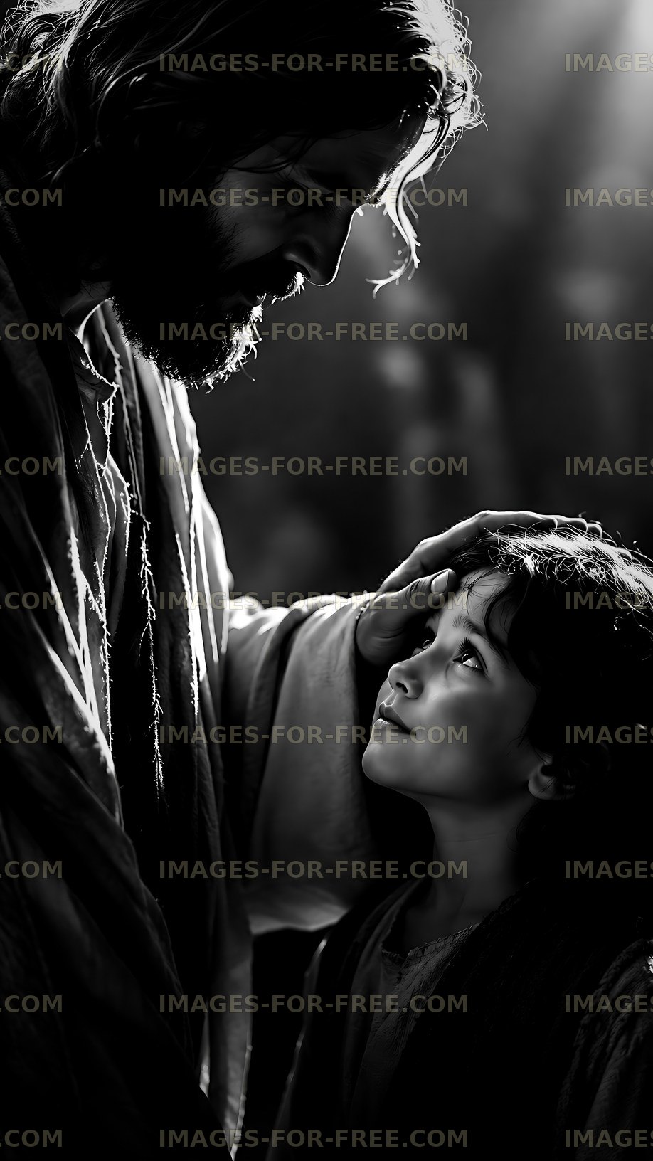 Man and child sharing a moment in a dimly lit space