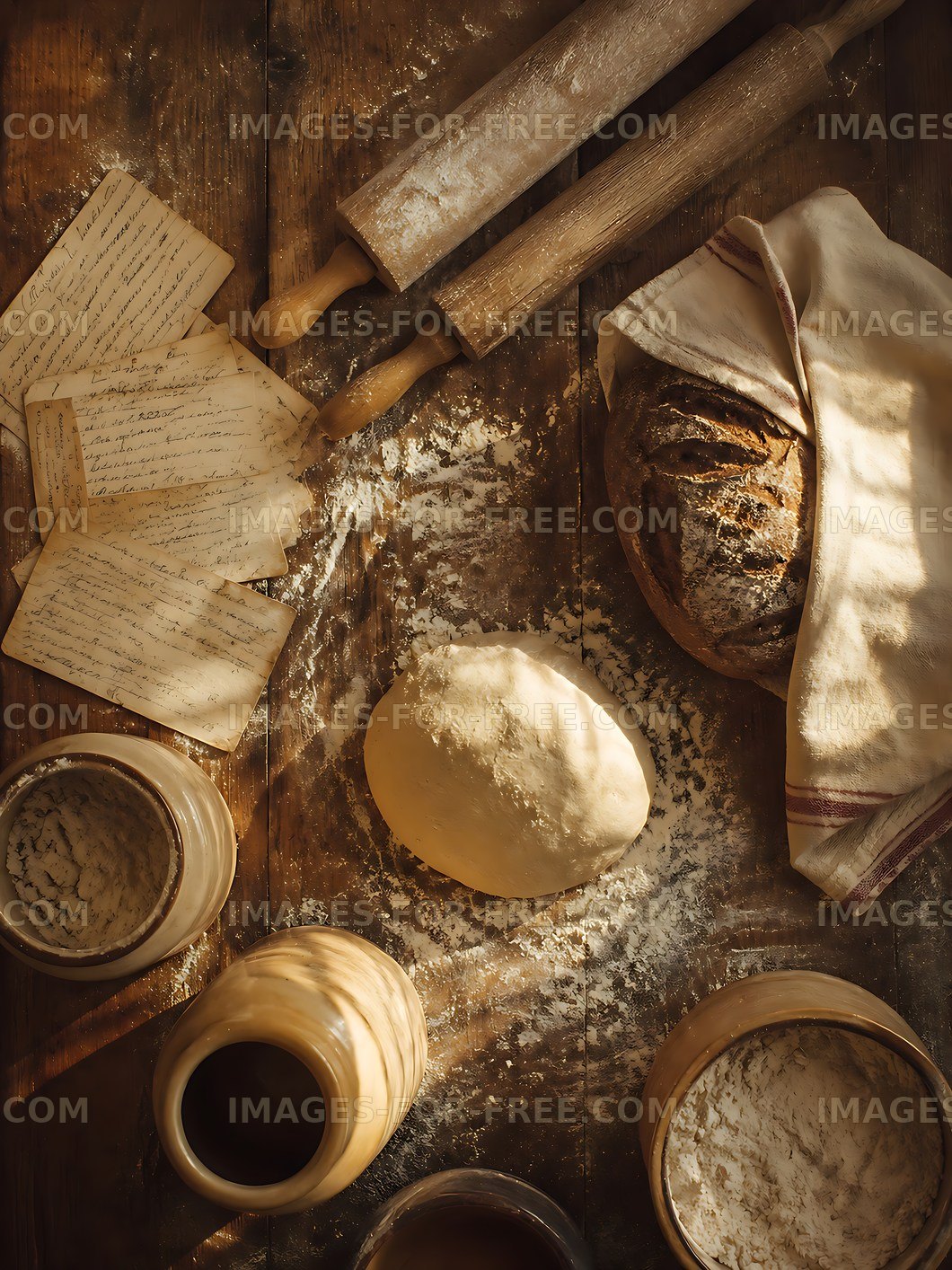 Baking bread with tools and ingredients on wooden table