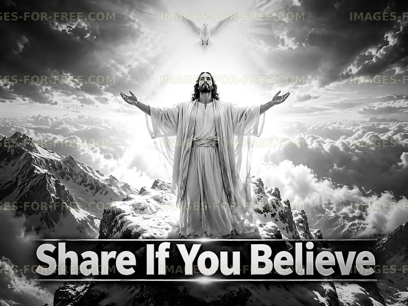 Jesus stands on mountain with arms open and dove above