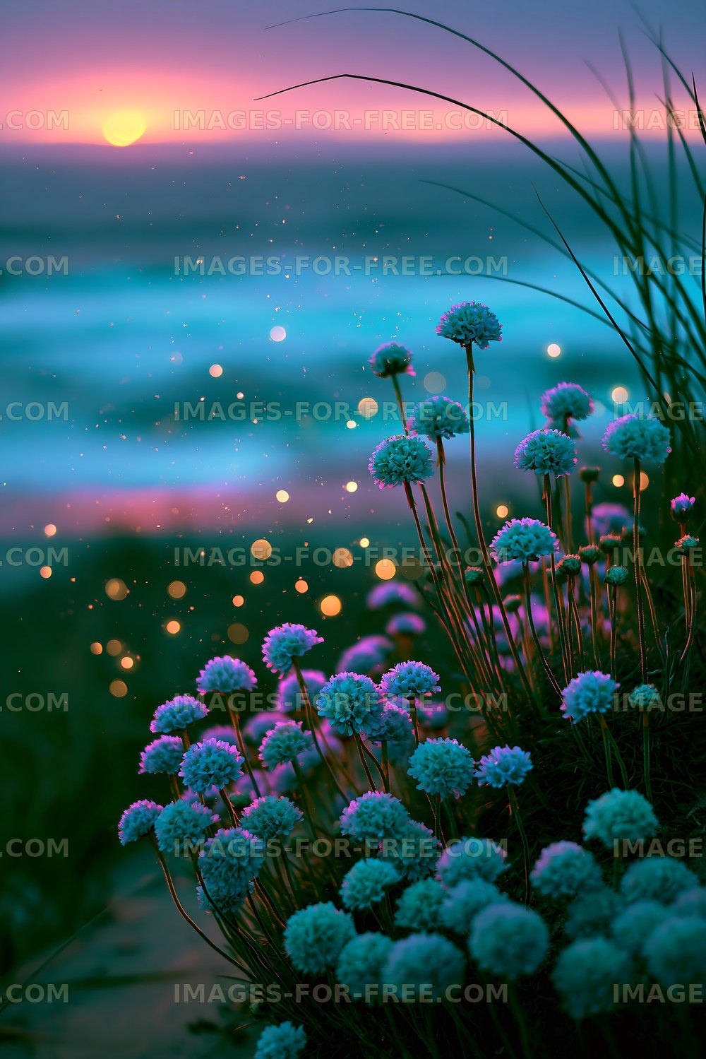 Flowers by the beach during sunset with waves and sparkles