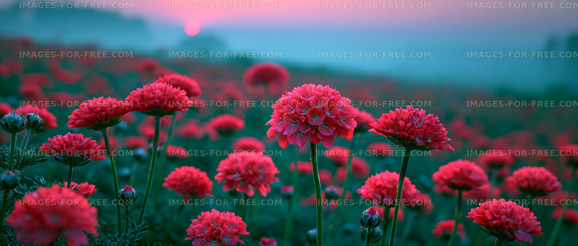 Vibrant red flowers blooming in a field at sunset