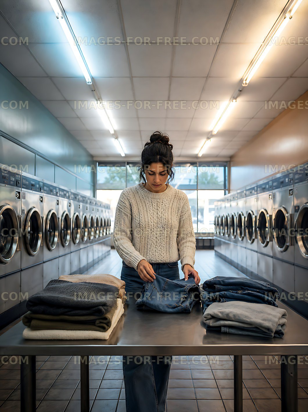 Woman folding clothes in a laundromat during daytime