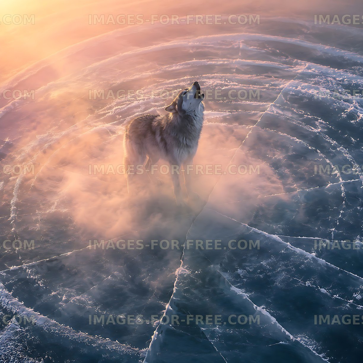 Wolf howling on icy surface at sunrise