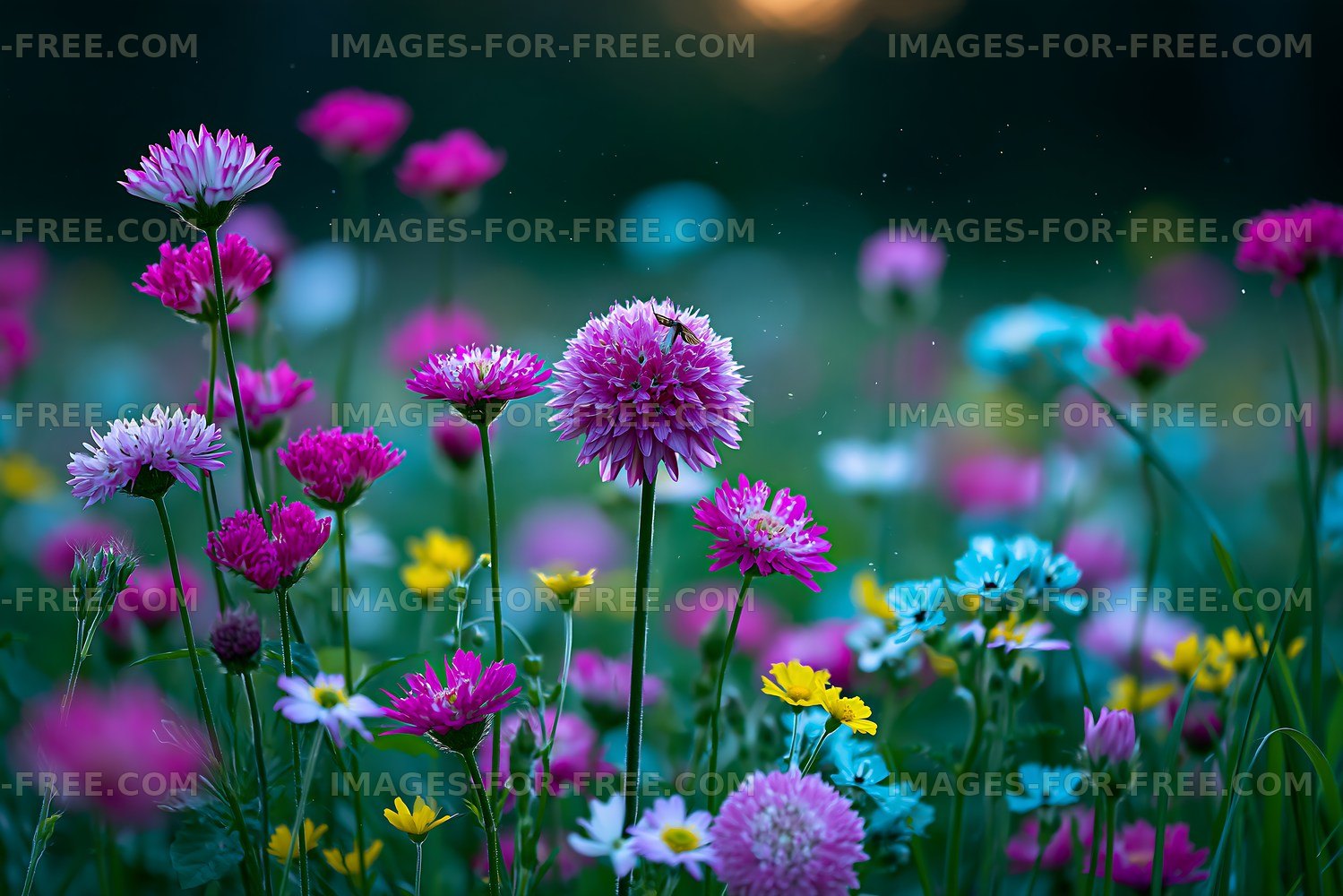 Colorful flowers blooming in a garden at sunset