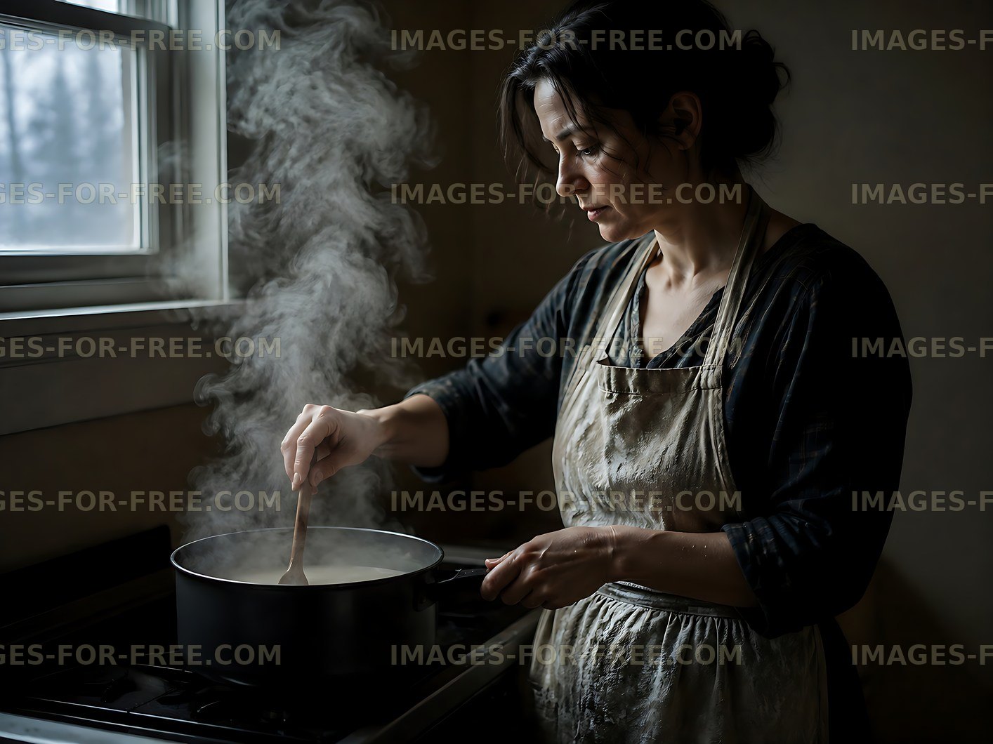 Woman cooking on a stove in a kitchen with steam rising