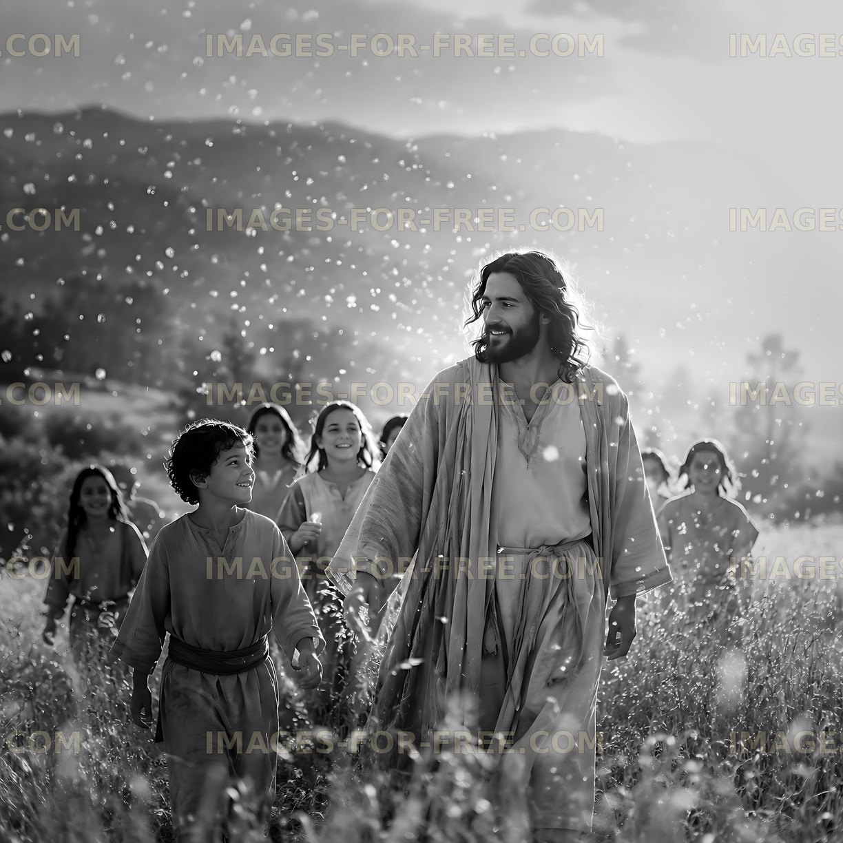 Children walking with a man in a field during daylight