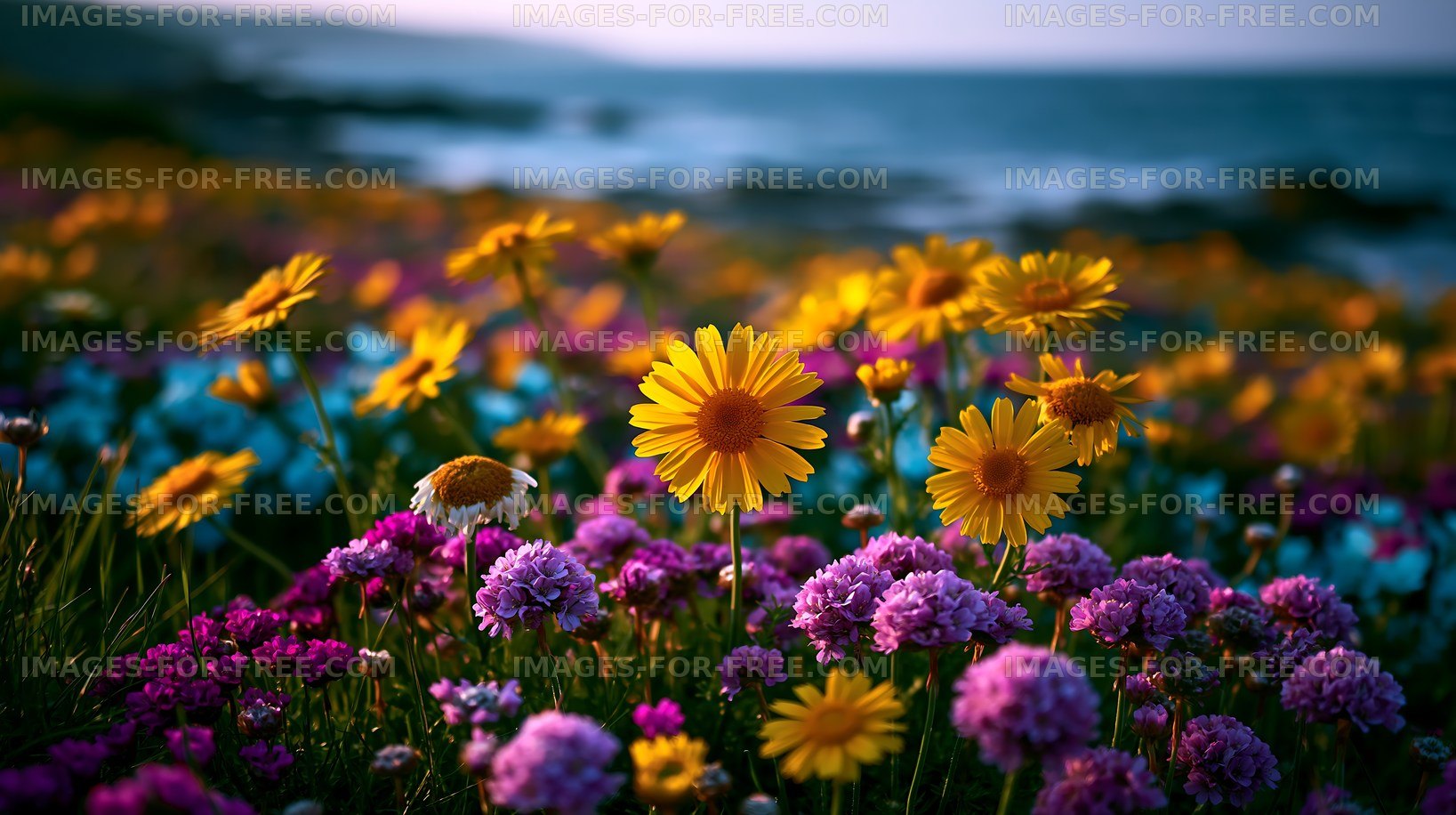 Vibrant wildflowers bloom by the ocean during golden hour