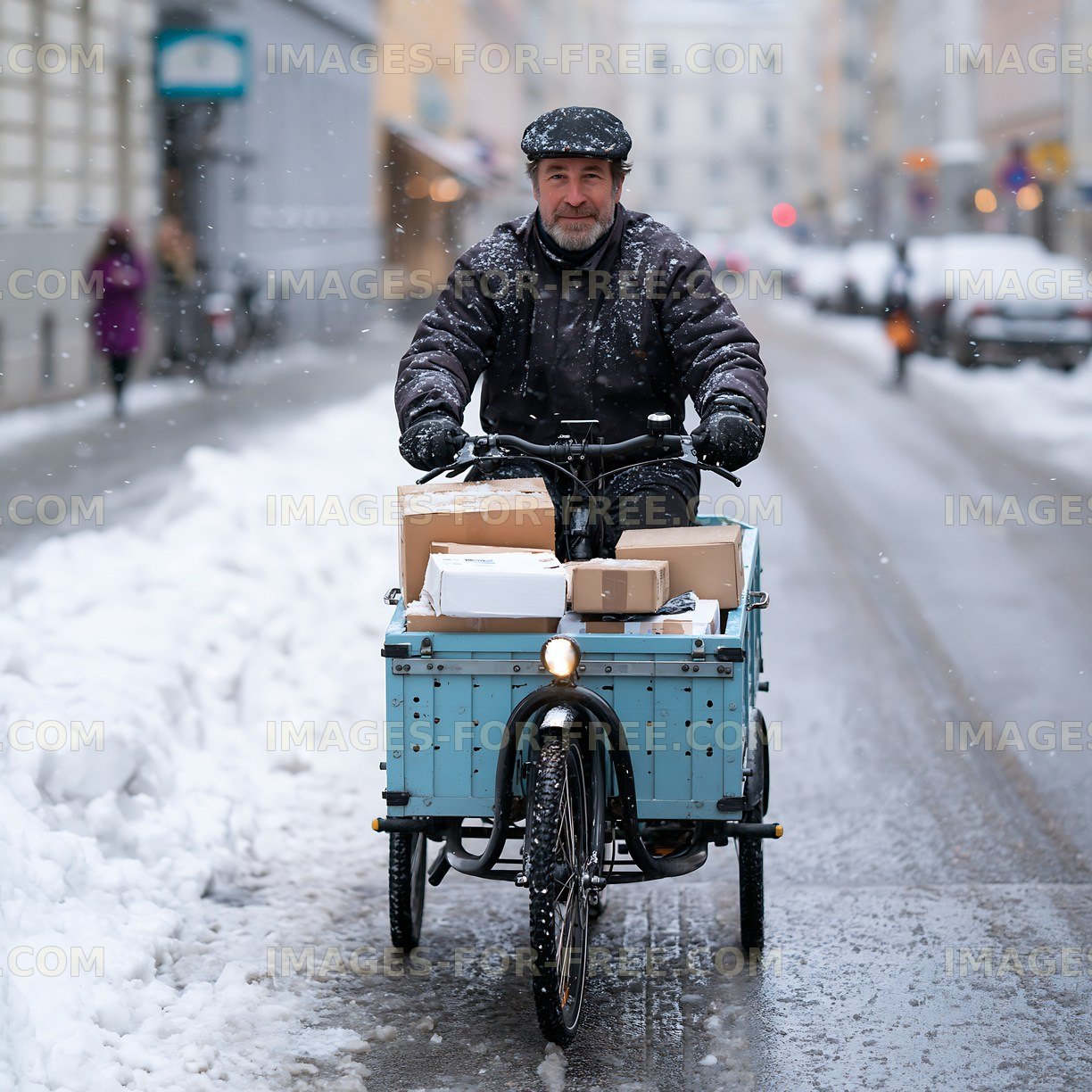 Delivery man rides cargo bicycle through snow-covered city street