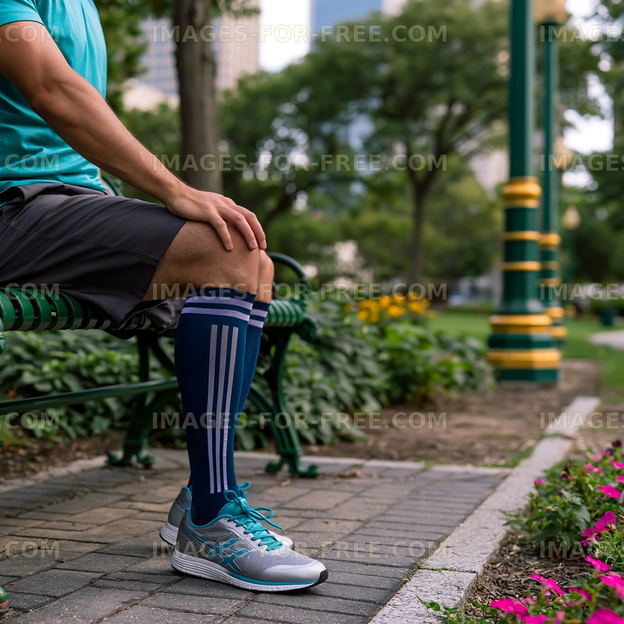 Man resting on park bench with sportswear and sneakers