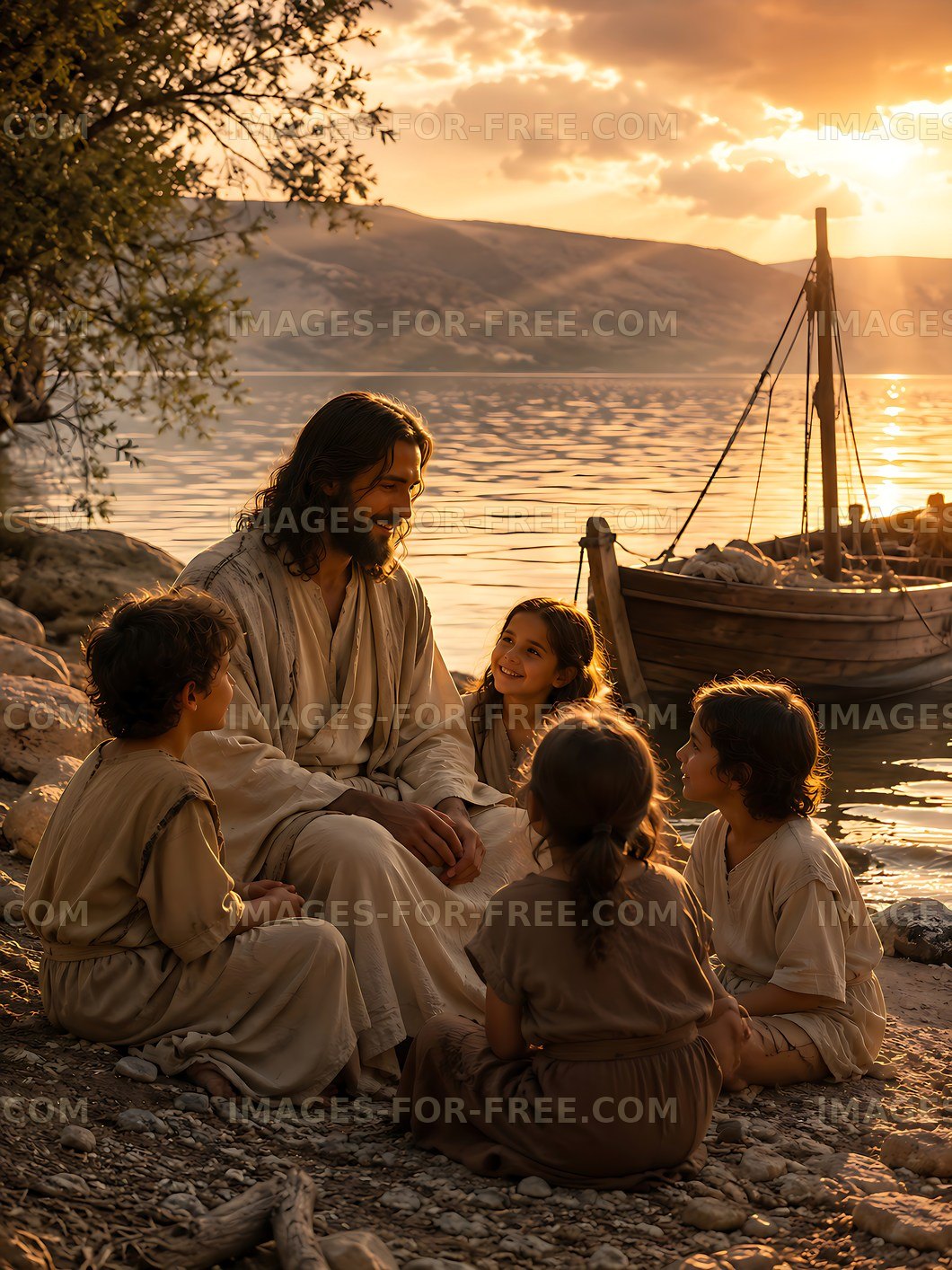 Jesus and children by the river during sunset