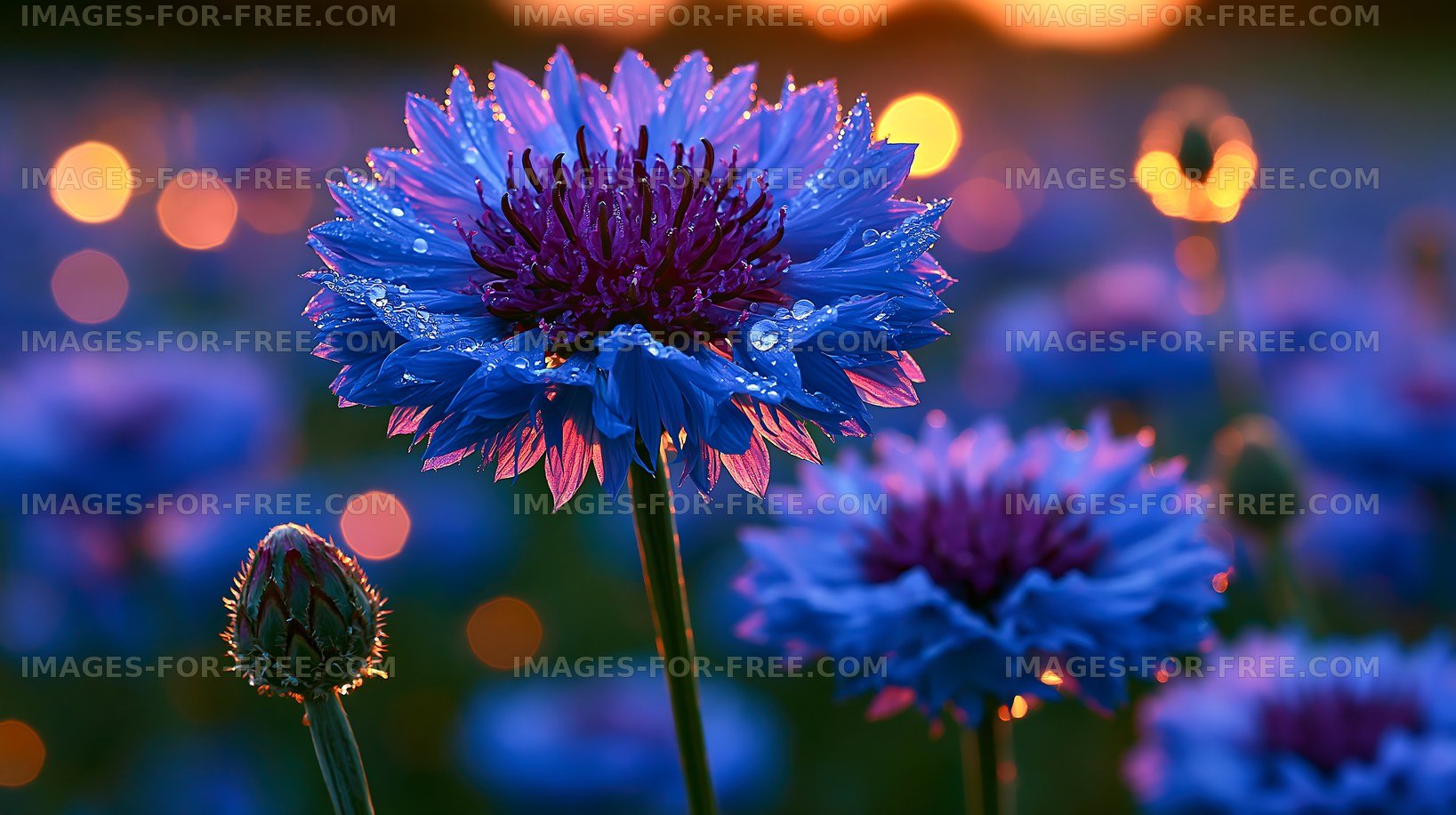 Blue flowers with dew at sunset