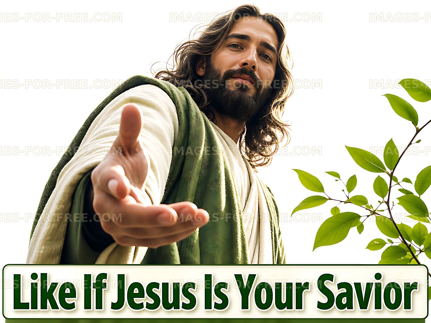 Man in robe extends hand with greenery in the background
