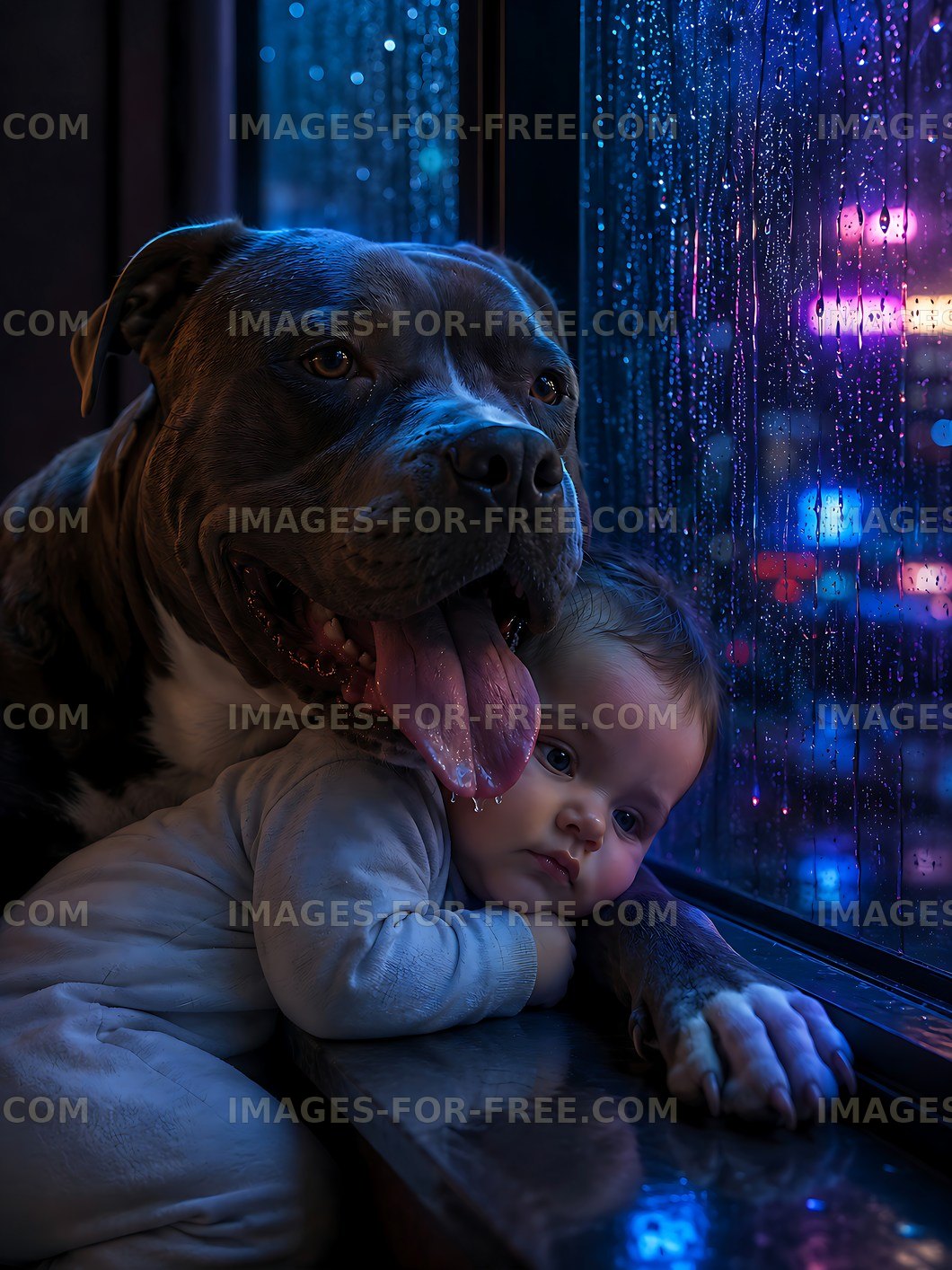 Child and dog enjoy rainy day by the window
