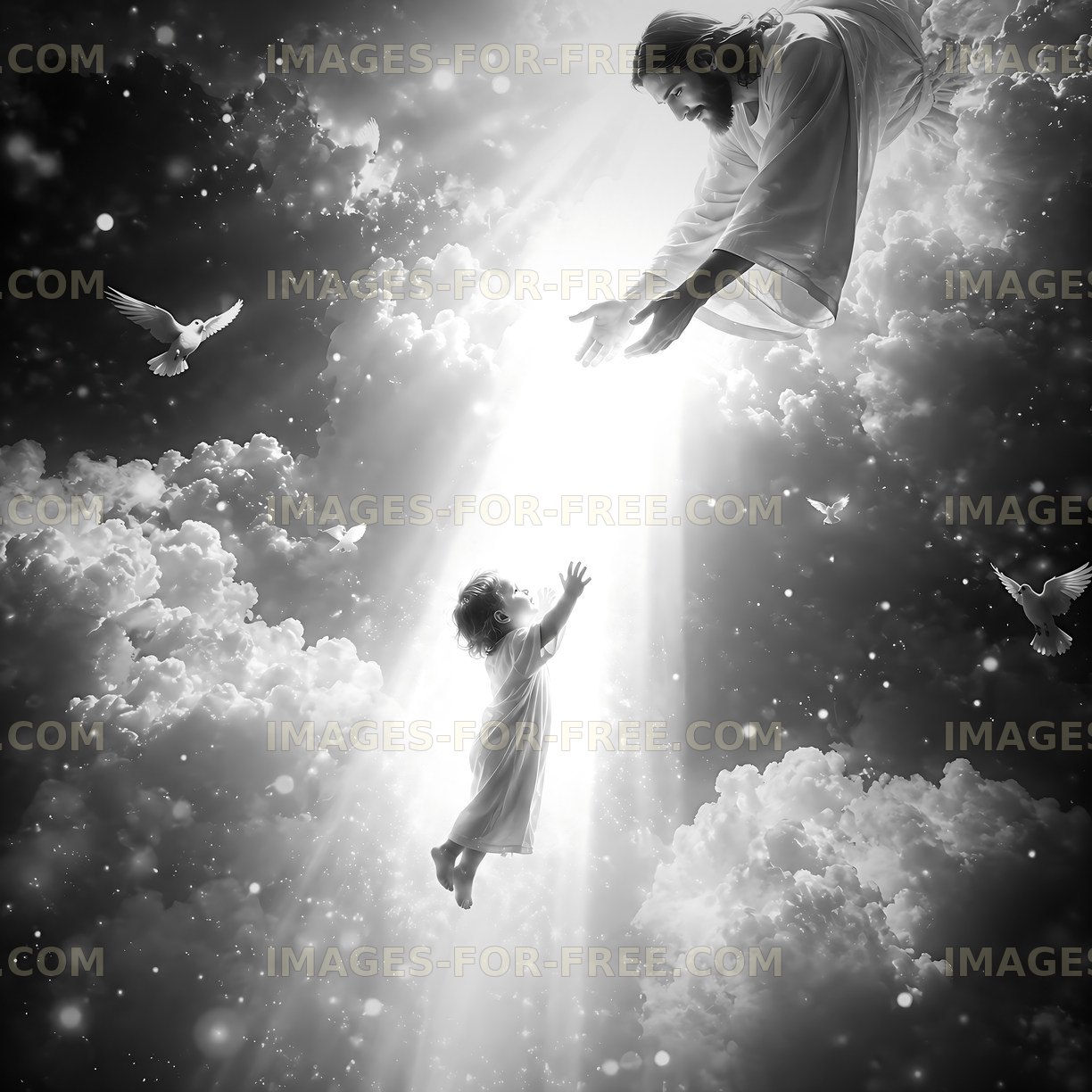 Heavenly scene of reaching hands and doves in a bright sky