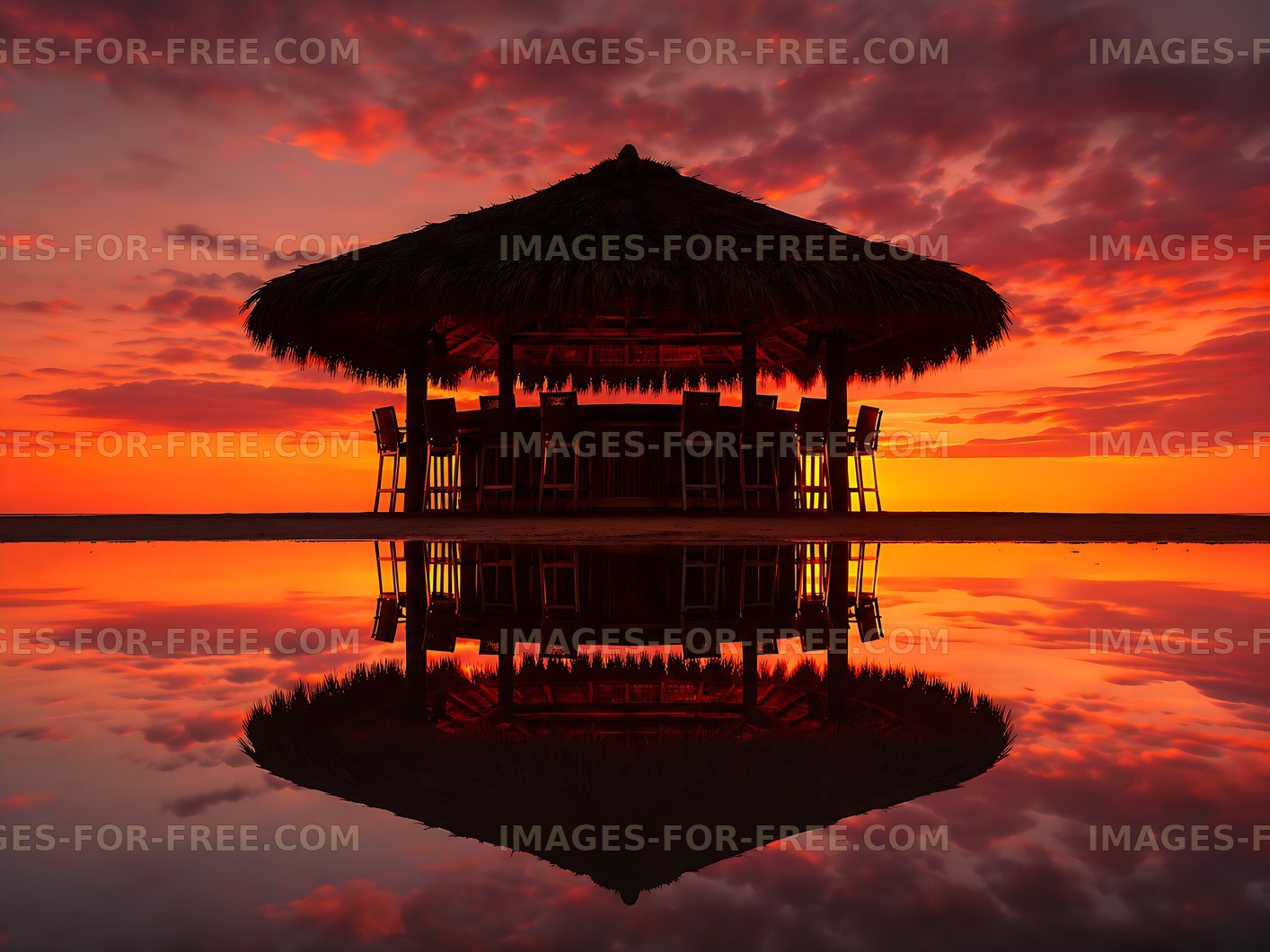 Sunset over beach bar with reflections in calm water