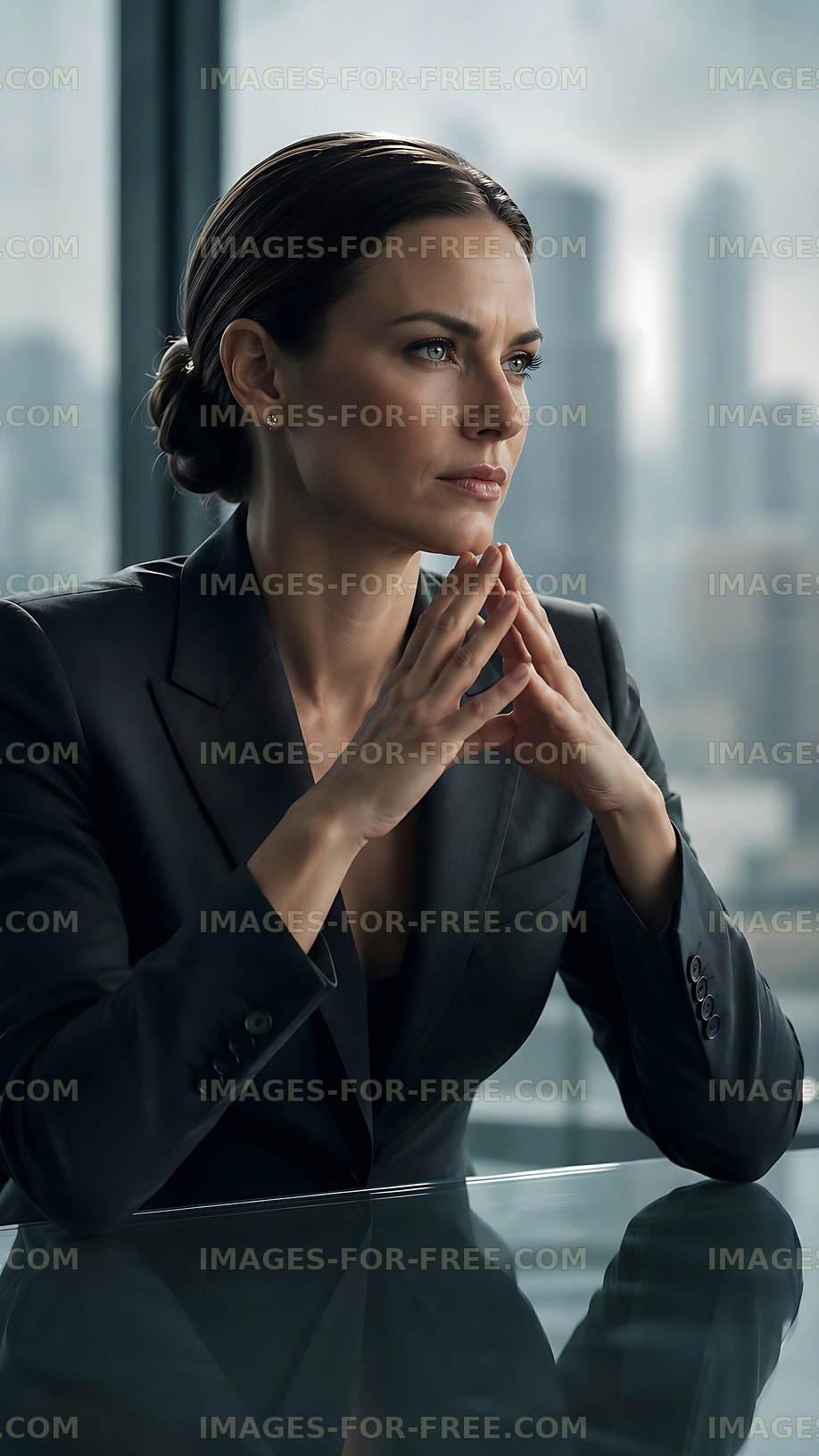 Businesswoman in office contemplating strategy