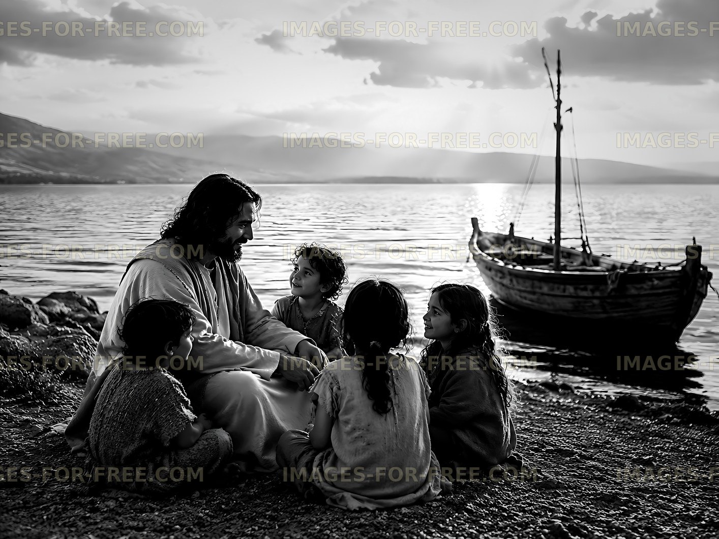 Gathering by the water at sunset with children and a boat