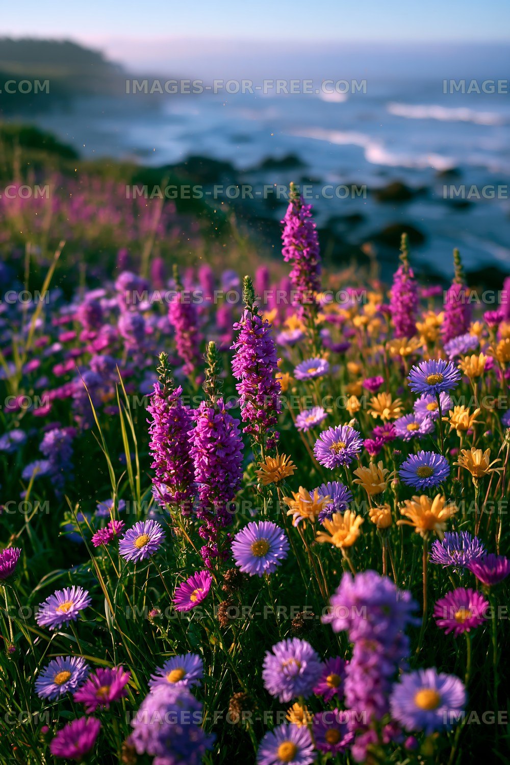 Vibrant wildflowers by the ocean at sunset