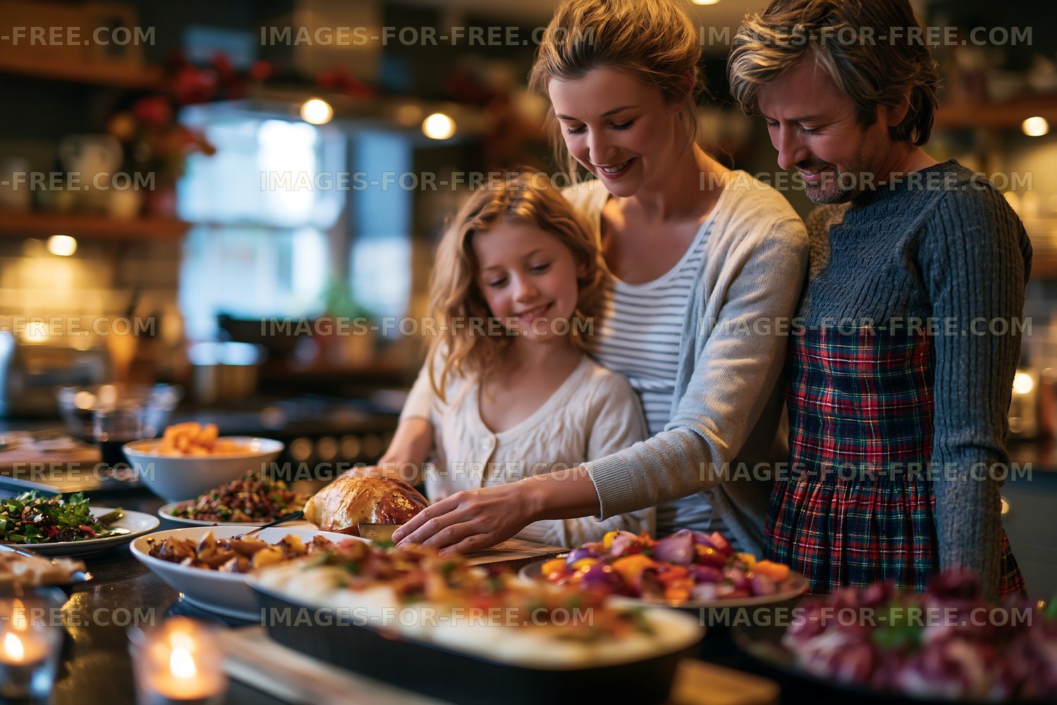 Family gathering around a dinner table with various dishes