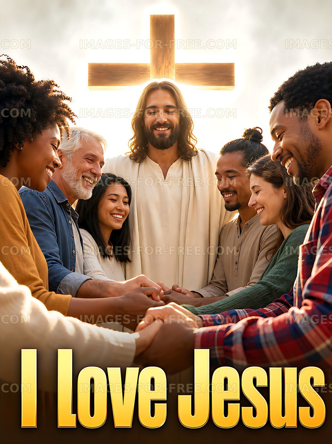 Group of people smiling and holding hands in front of cross