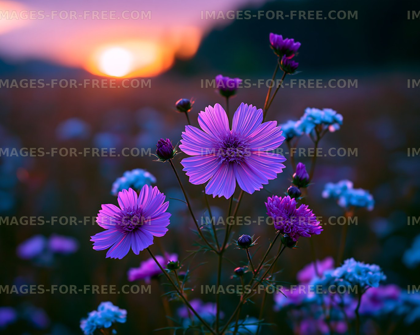 Colorful flowers in a field during sunset