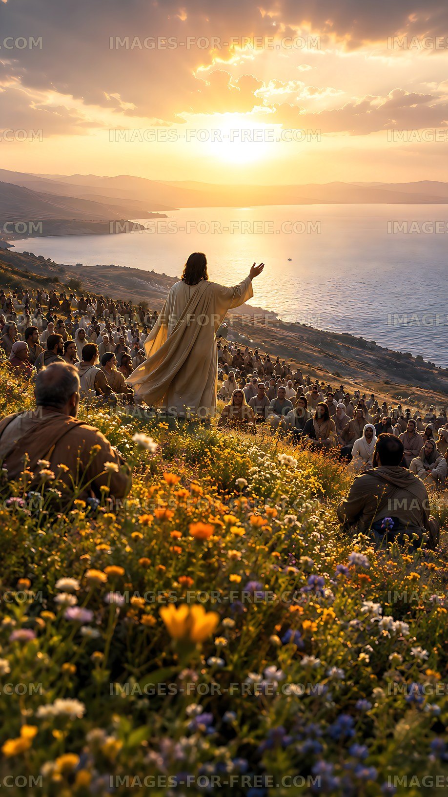 Gathering on a hillside at sunset by a lake