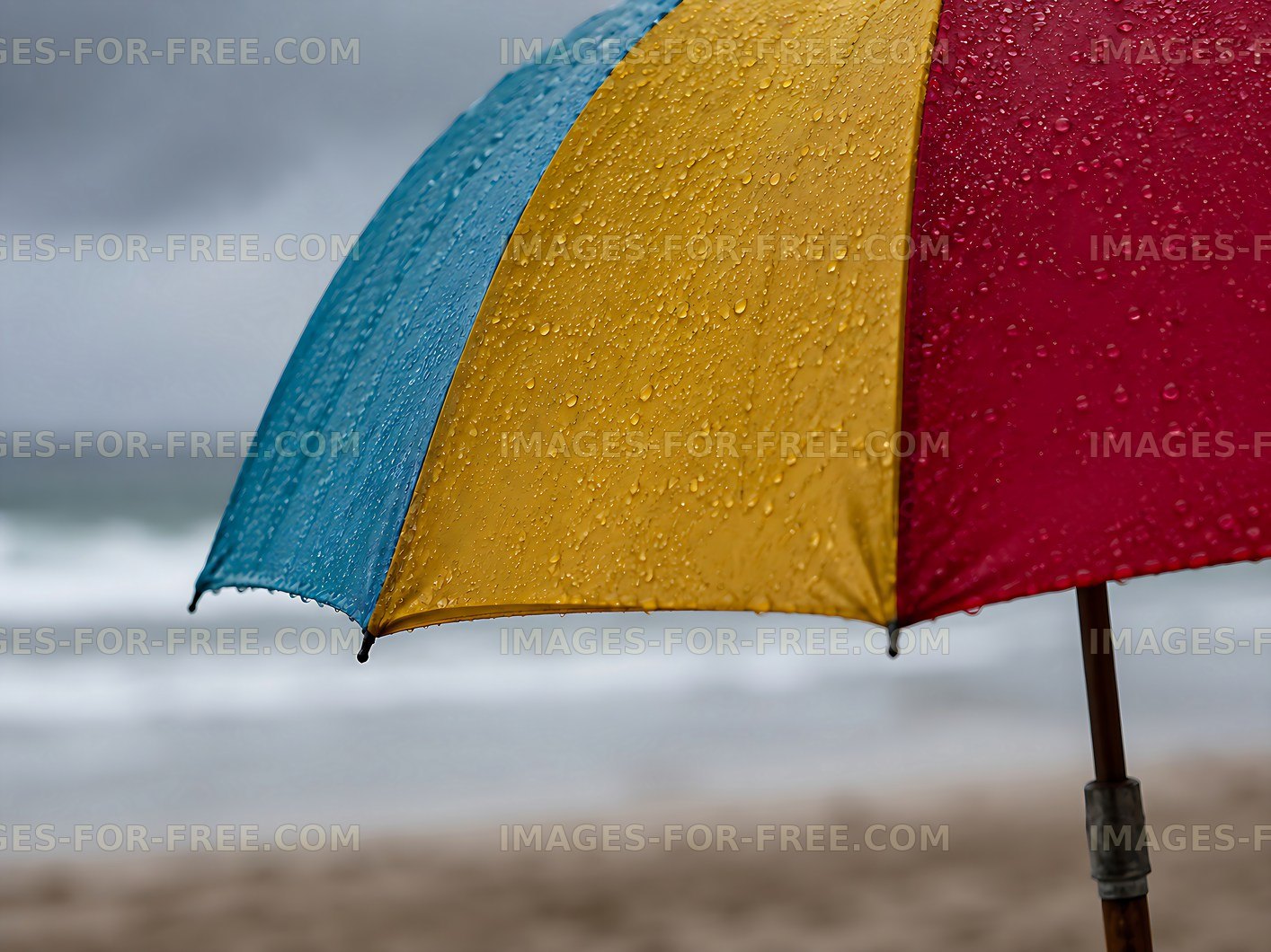 Bright umbrella on a rainy beach with ocean waves in the background