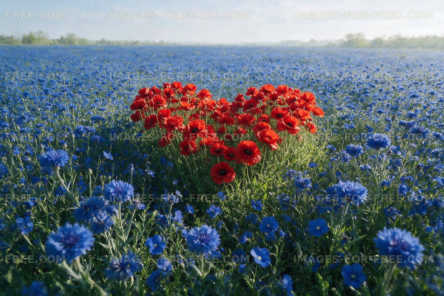 Heart-shaped flower arrangement in blue flower field