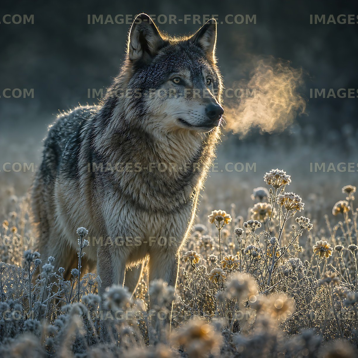 Wolf standing in a field of flowers with breath visible