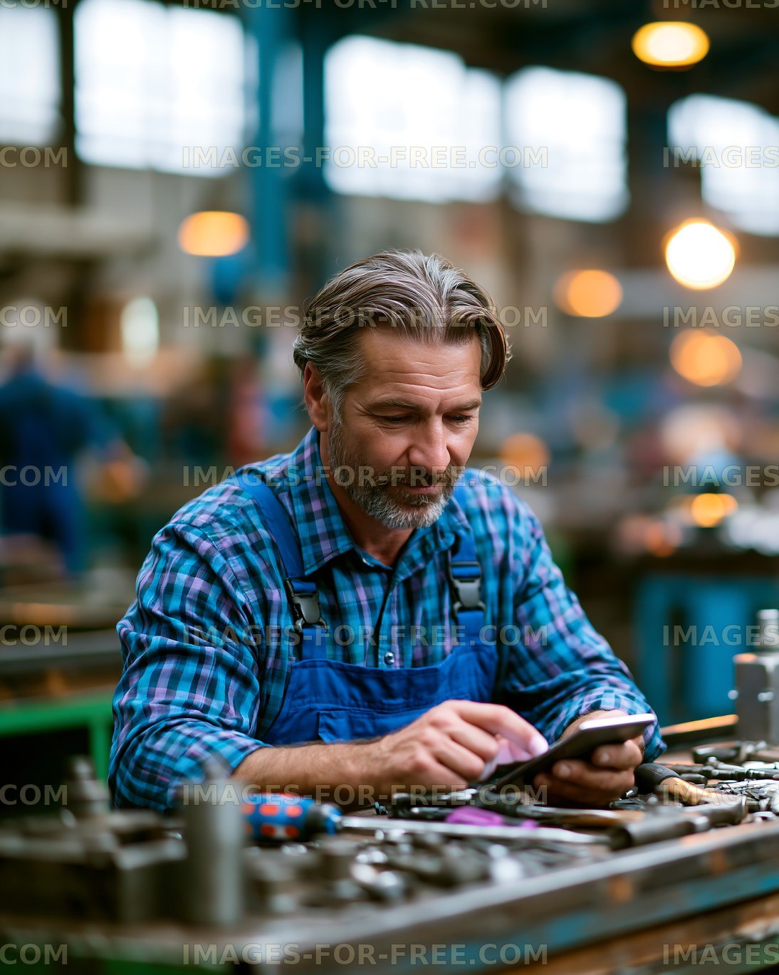 Man using smartphone in workshop with tools around