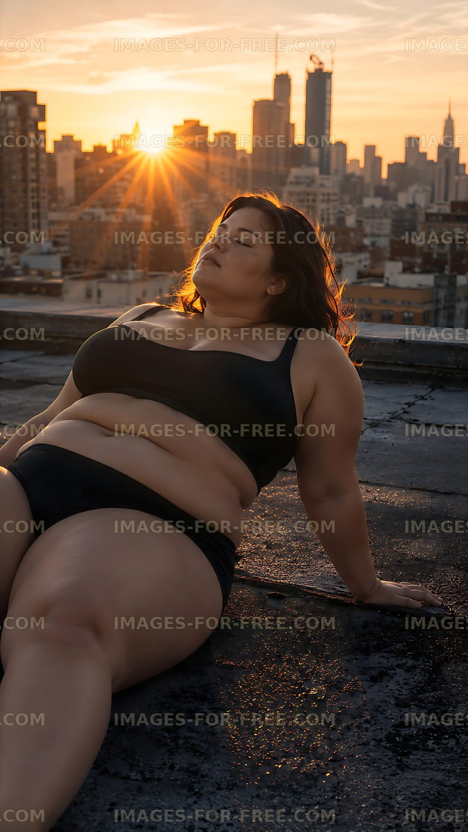 Woman sitting on rooftop during sunset in city