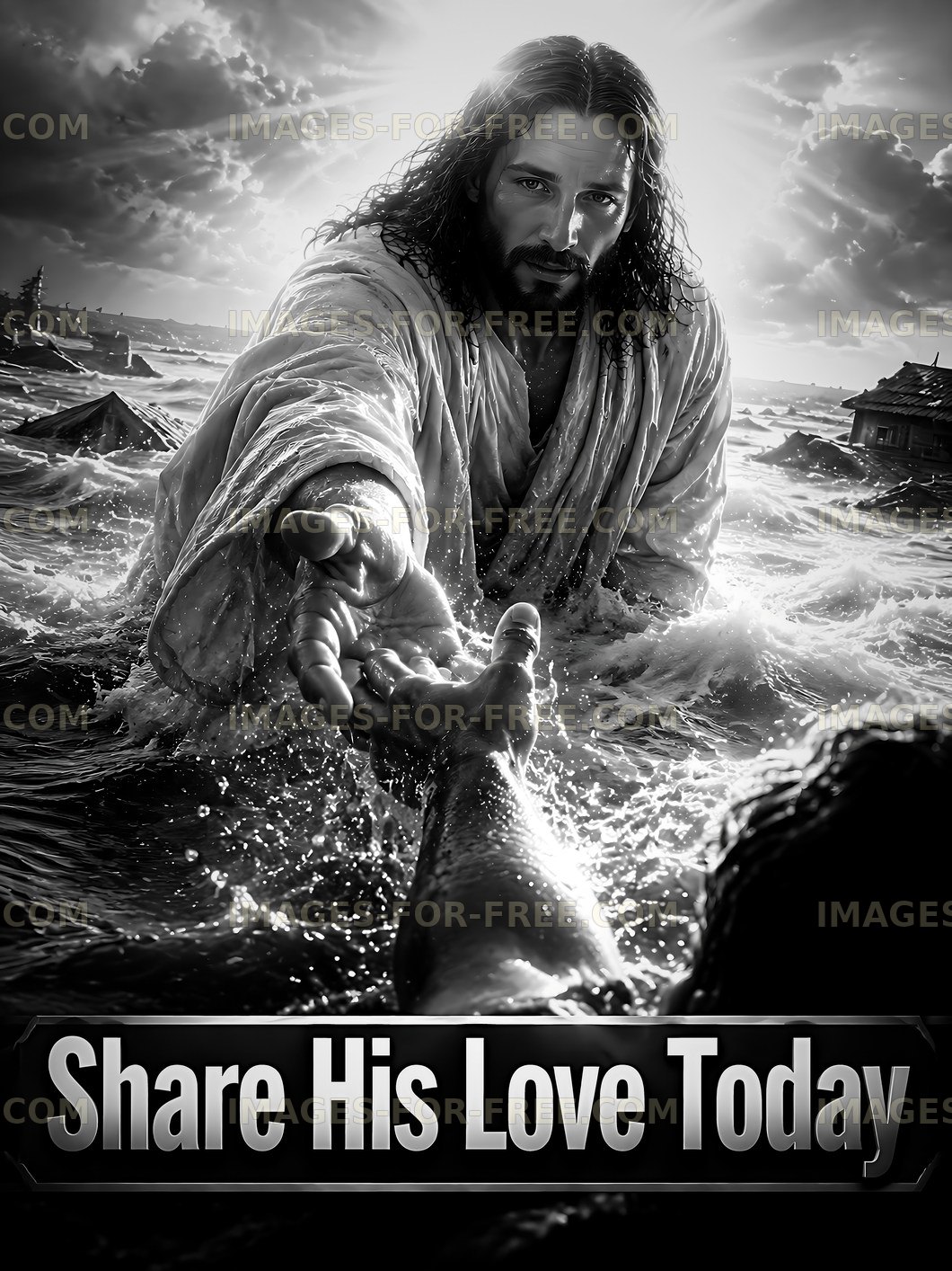 Jesus reaching out to save a person in a stormy sea