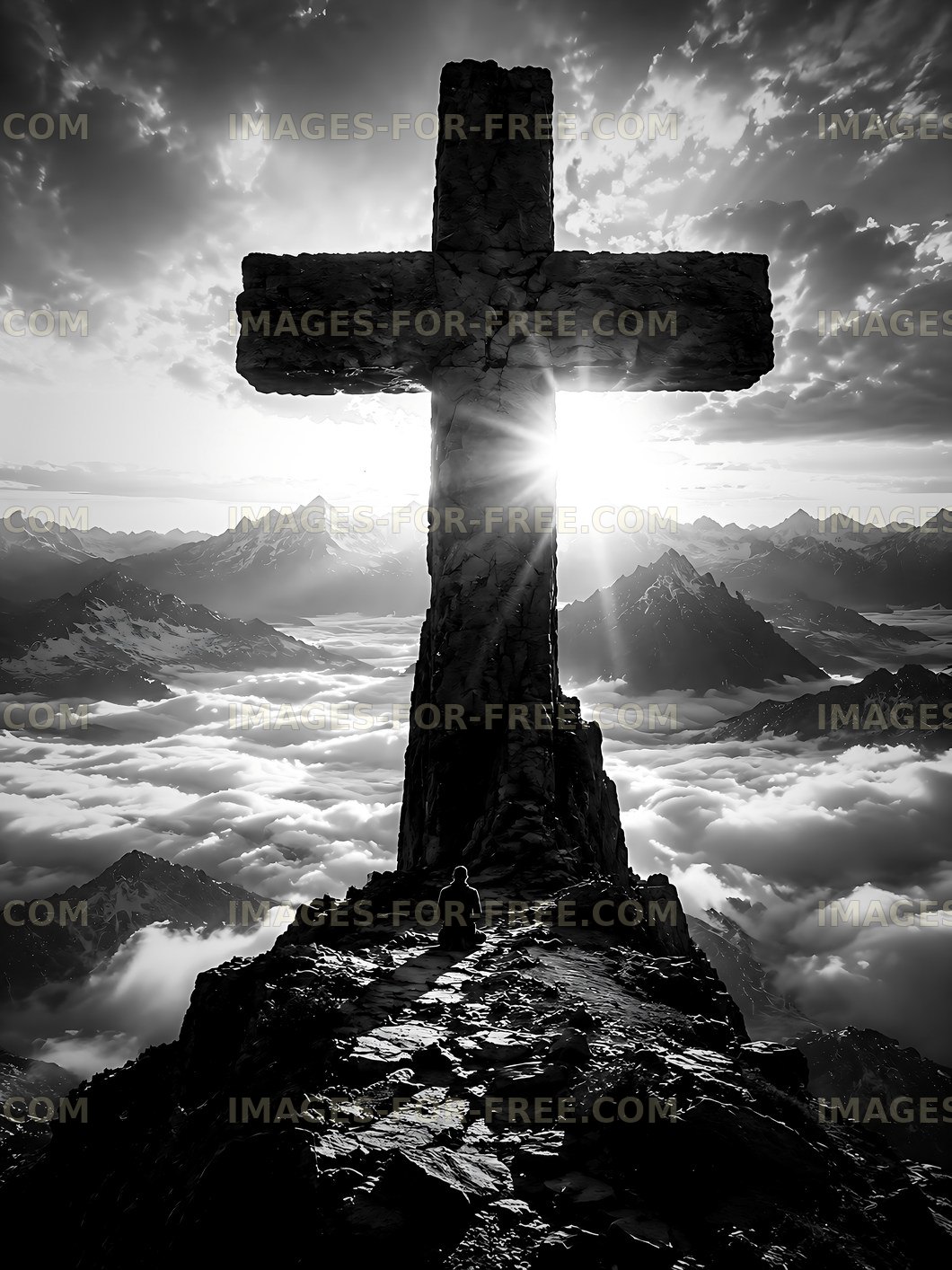 Sunrise at mountain cross with a person in silhouette